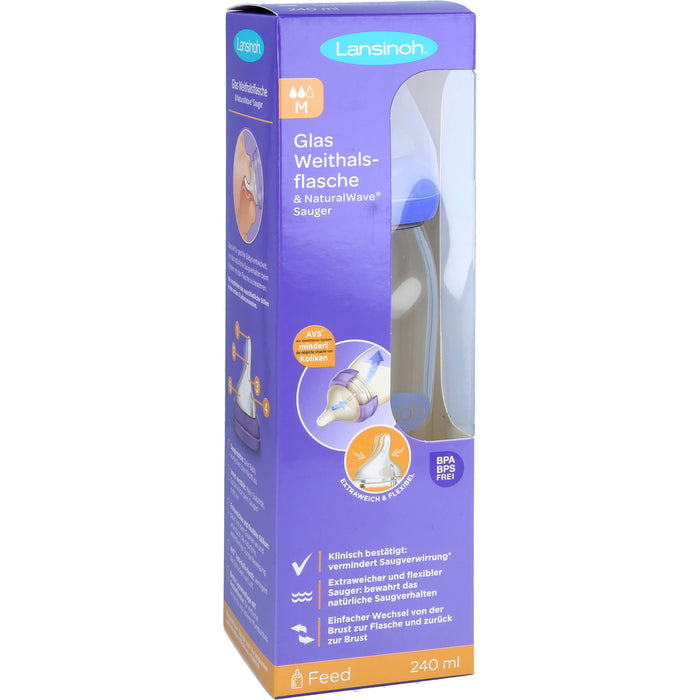 Lansinoh Glas Weithalsflasche 240 ml mit Natural Wave Silikonsauger M, 1 St. Sauger