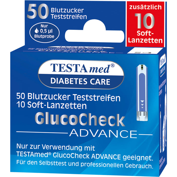 Testamed GlucoCheck Advance 50 Blutzucker Teststreifen mit 10 Soft-Lanzetten, 1 St. Kombipackung