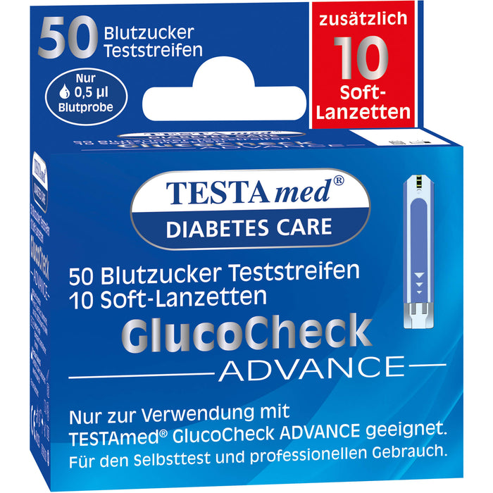 Testamed GlucoCheck Advance 50 Blutzucker Teststreifen mit 10 Soft-Lanzetten, 1 St. Kombipackung