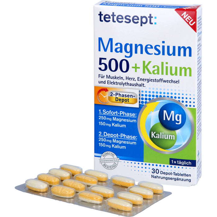 Tetesept Magnesium 500 + Kalium Depot-Tabletten für Muskeln, Herz, Energiestoffwechsel und Elektrolythaushalt, 30 St. Tabletten