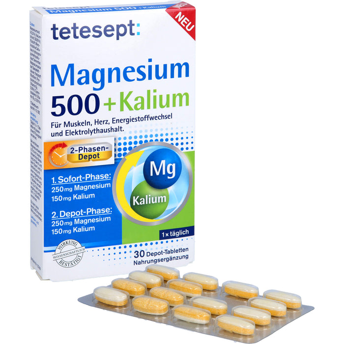 Tetesept Magnesium 500 + Kalium Depot-Tabletten für Muskeln, Herz, Energiestoffwechsel und Elektrolythaushalt, 30 St. Tabletten