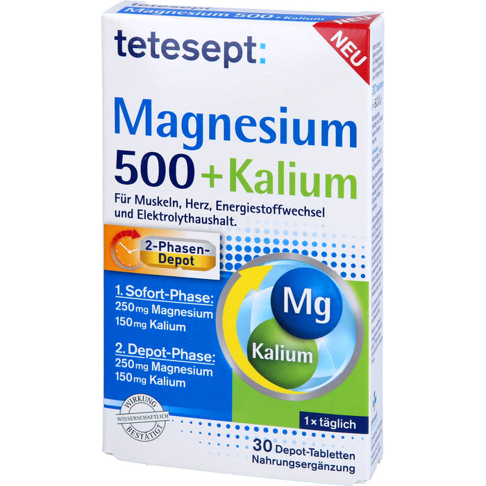 Tetesept Magnesium 500 + Kalium Depot-Tabletten für Muskeln, Herz, Energiestoffwechsel und Elektrolythaushalt, 30 St. Tabletten