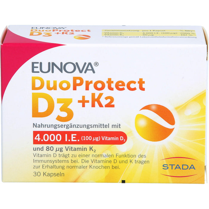 EUNOVA D3 + K2 DuoProtect 4.000 I.E.  Kapseln zur Erhaltung einer normalen Funktion des Immunsystems und normaler Knochen, 30 St. Kapseln