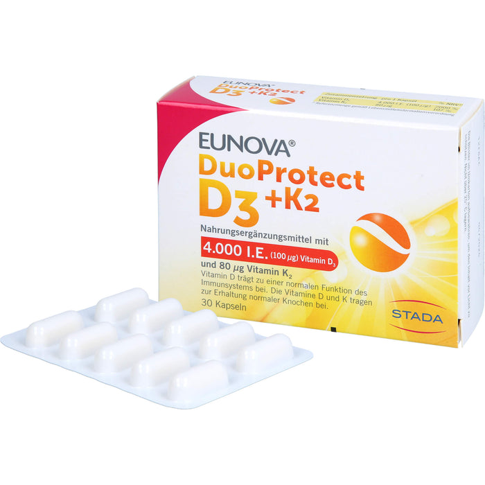 EUNOVA D3 + K2 DuoProtect 4.000 I.E.  Kapseln zur Erhaltung einer normalen Funktion des Immunsystems und normaler Knochen, 30 St. Kapseln