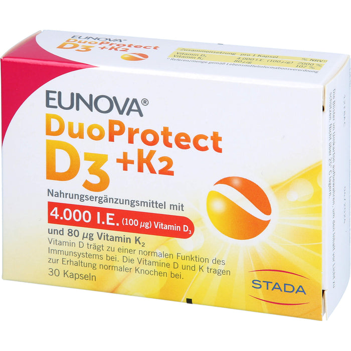 EUNOVA D3 + K2 DuoProtect 4.000 I.E.  Kapseln zur Erhaltung einer normalen Funktion des Immunsystems und normaler Knochen, 30 St. Kapseln