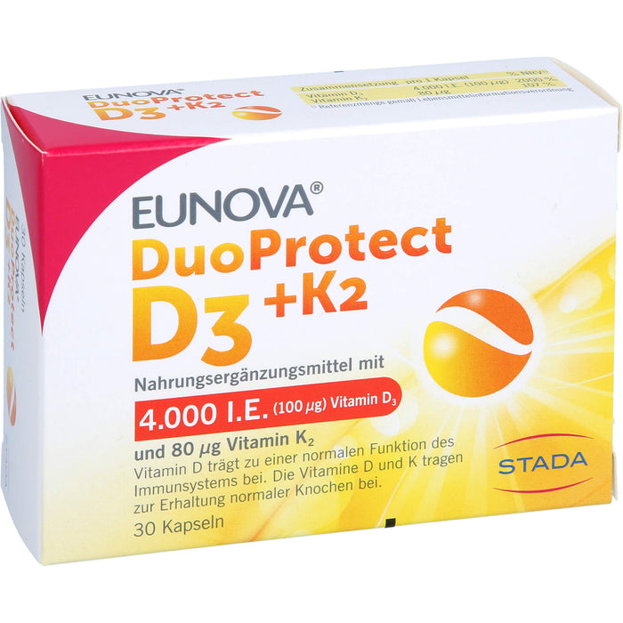 EUNOVA D3 + K2 DuoProtect 4.000 I.E.  Kapseln zur Erhaltung einer normalen Funktion des Immunsystems und normaler Knochen, 30 St. Kapseln