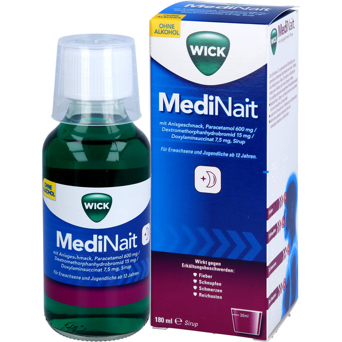 WICK MediNait mit Anisgeschmack Sirup zur effektiven Linderung von 6 Erkältungssymptomen ohne Alkohol ab 12 Jahren, 180 ml Lösung