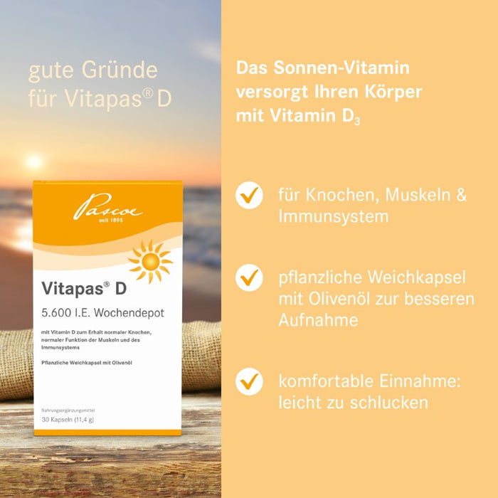 Vitapas D 5600 I.E. Wochendepot Kapseln zum Erhalt normaler Knochen, normaler Funktion der Muskeln und des Immunsystems, 30 St. Kapseln