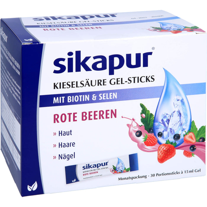 Sikapur Kieselsäure Gel-Sticks mit Biotin und Selen mit Rote Beeren-Geschmack für Haut, Haare und Nägel, 30 St. Sticks