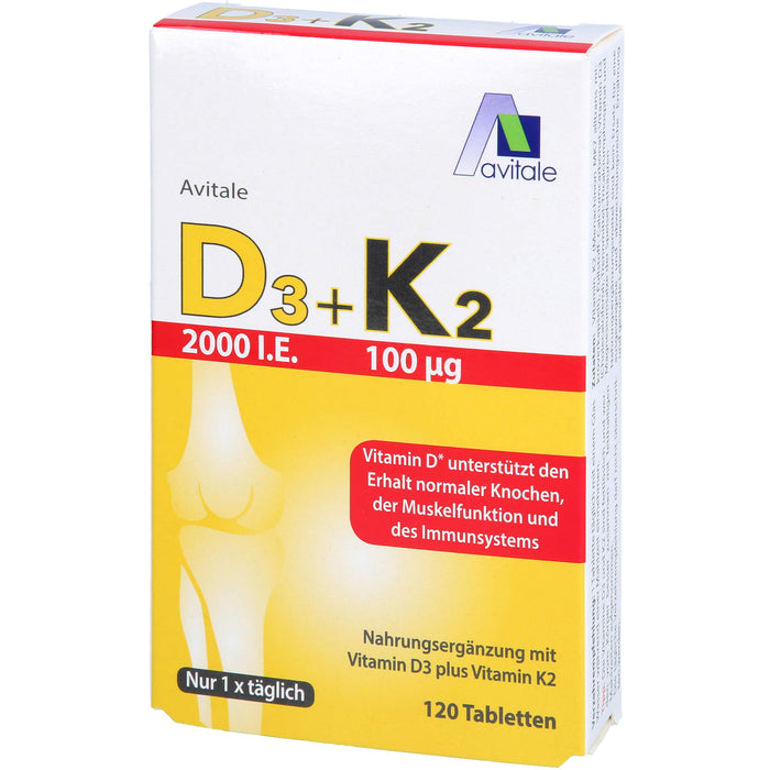Avitale 2000 I.E. Vitamin D3 + K2 Tabletten unterstützt den Erhalt normaler Knochen, 120 St. Tabletten