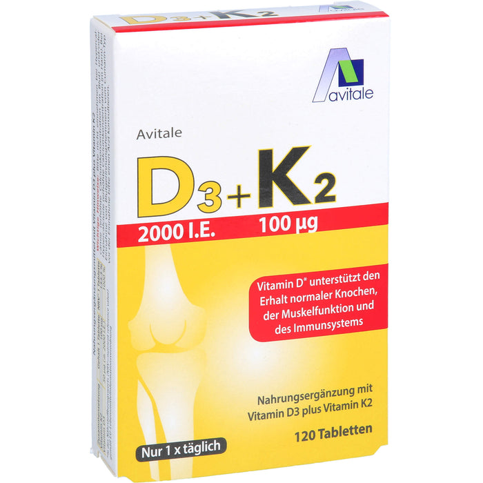 Avitale 2000 I.E. Vitamin D3 + K2 Tabletten unterstützt den Erhalt normaler Knochen, 120 St. Tabletten