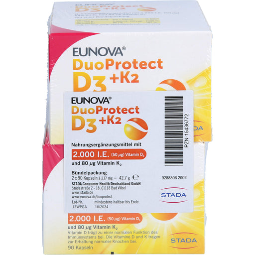 EUNOVA DuoProtect D3 + K2 2000IE / 80UG zur normalen Funktion des Immunsystems & Erhaltung normaler Knochen, 180 St. Kapseln