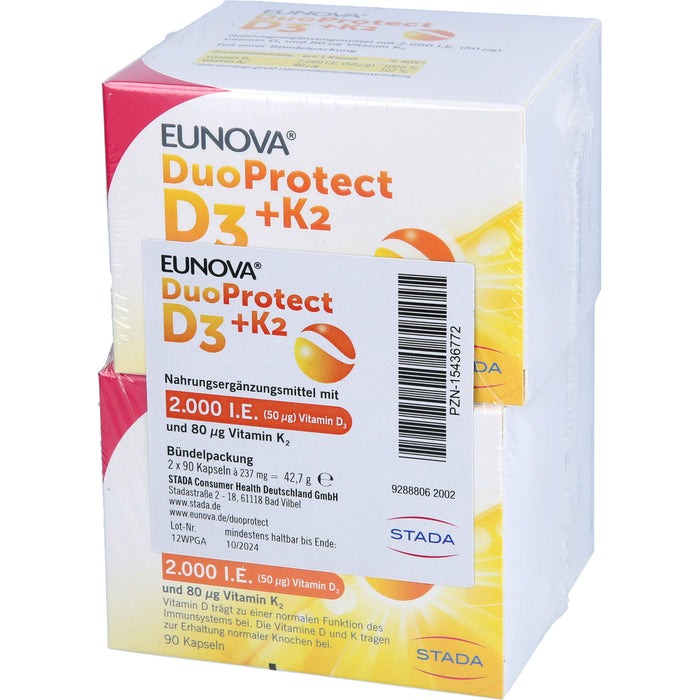 EUNOVA DuoProtect D3 + K2 2000IE / 80UG zur normalen Funktion des Immunsystems & Erhaltung normaler Knochen, 180 St. Kapseln