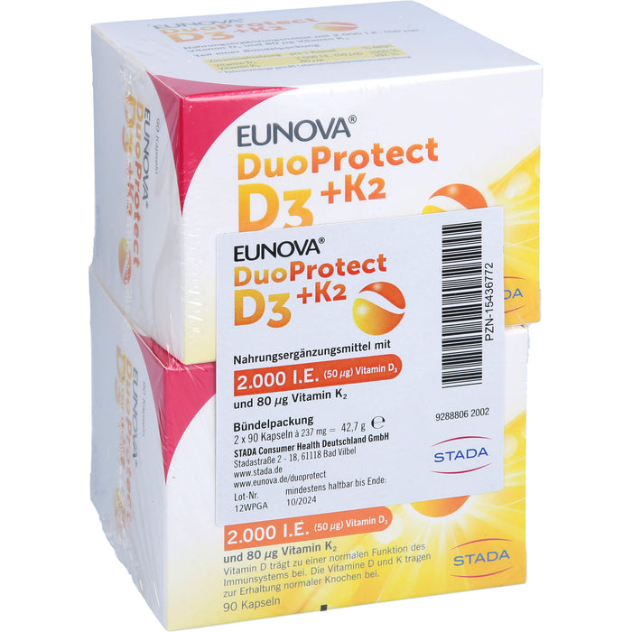 EUNOVA DuoProtect D3 + K2 2000IE / 80UG zur normalen Funktion des Immunsystems & Erhaltung normaler Knochen, 180 St. Kapseln