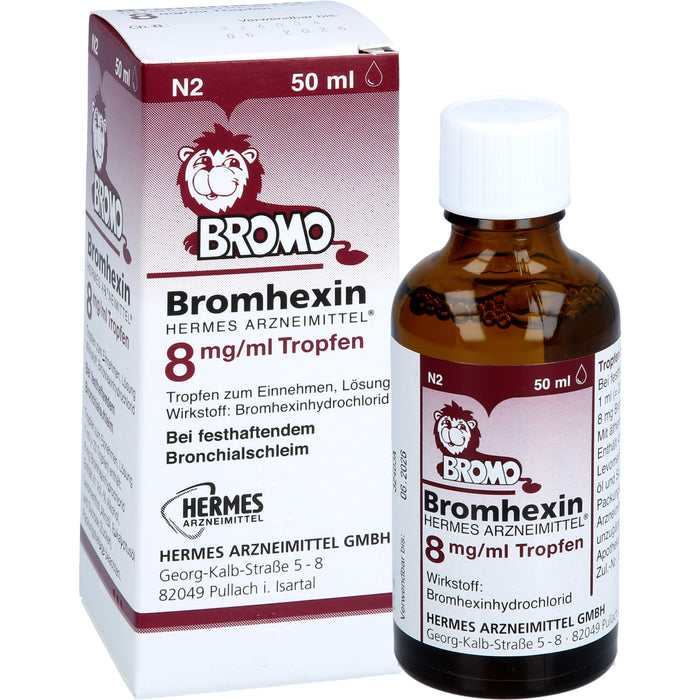 HERMES ARZNEIMITTEL Bromhexin 8 mg/ml Tropfen bei festhaftendem Bronchialschleim, 50 ml Lösung