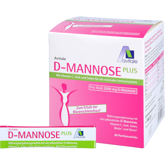 Avitale D-Mannose Pulver mit Vitamin C, Zink und Selen für ein normales Immunsystem zum Erhalt der Blasenschleimhaut, 60 St. Beutel
