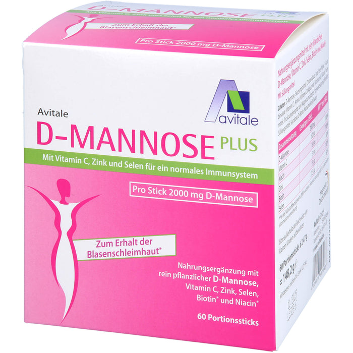Avitale D-Mannose Pulver mit Vitamin C, Zink und Selen für ein normales Immunsystem zum Erhalt der Blasenschleimhaut, 60 St. Beutel