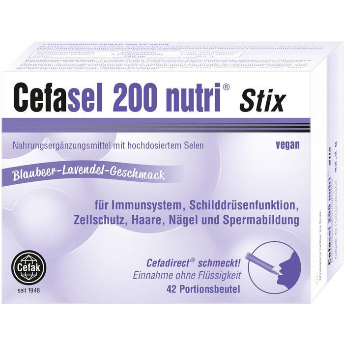 Cefasel 200 nutri Stix für Immunsystem, Schilddrüsenfunktion, Zellschutz,  Haare, Nägel und Spermabildung mit Blaubeere-Lavendel-Geschmack, 42 St. Beutel