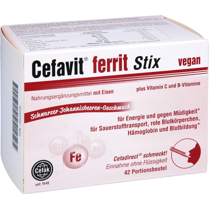 Cefavit ferrit Stix Pulver für Energie und gegen Müdigkeit mit schwarzem Johannisbeeren-Geschmack, 42 St. Beutel