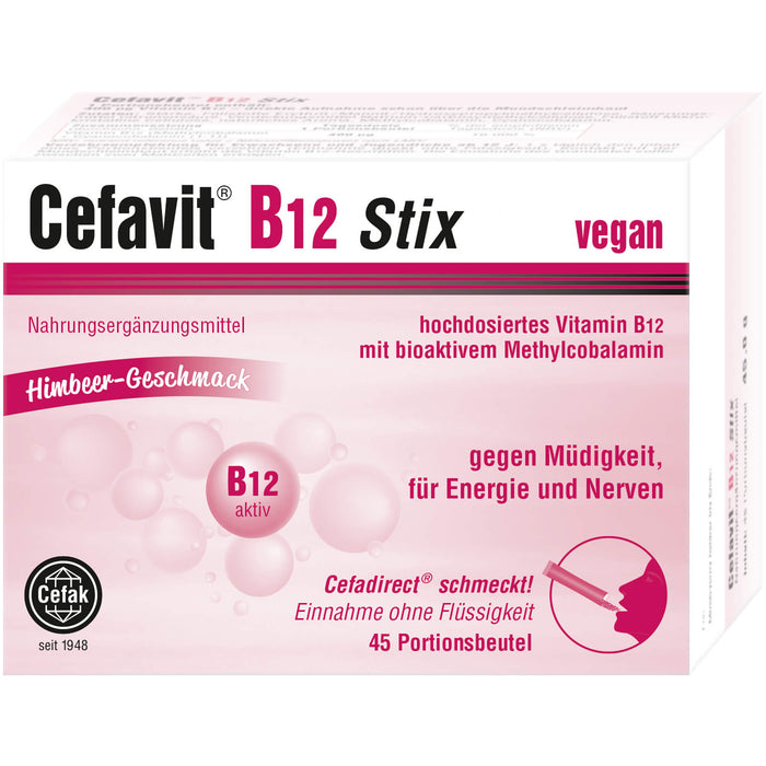 Cefavit B12 Stix gegen Müdigkeit, für Energie und Nerven mit Himbeer-Geschnmack, 45 St. Beutel