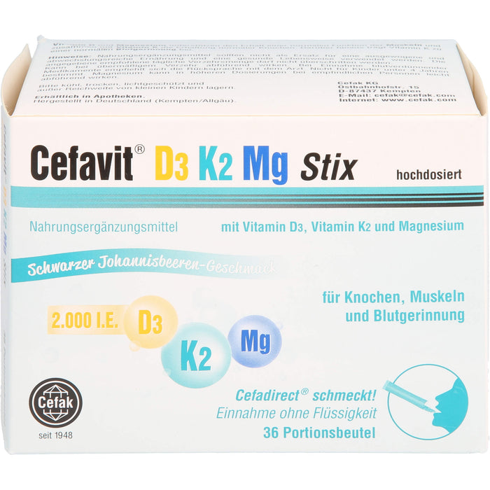 Cefavit D3 K2 Mg 2000 I.E. Stix für Knochen und Muskeln mit schwarzem Johannisbeeren-Geschmack, 36 St. Beutel