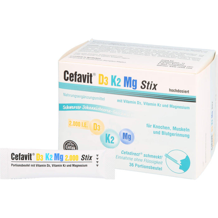 Cefavit D3 K2 Mg 2000 I.E. Stix für Knochen und Muskeln mit schwarzem Johannisbeeren-Geschmack, 36 St. Beutel