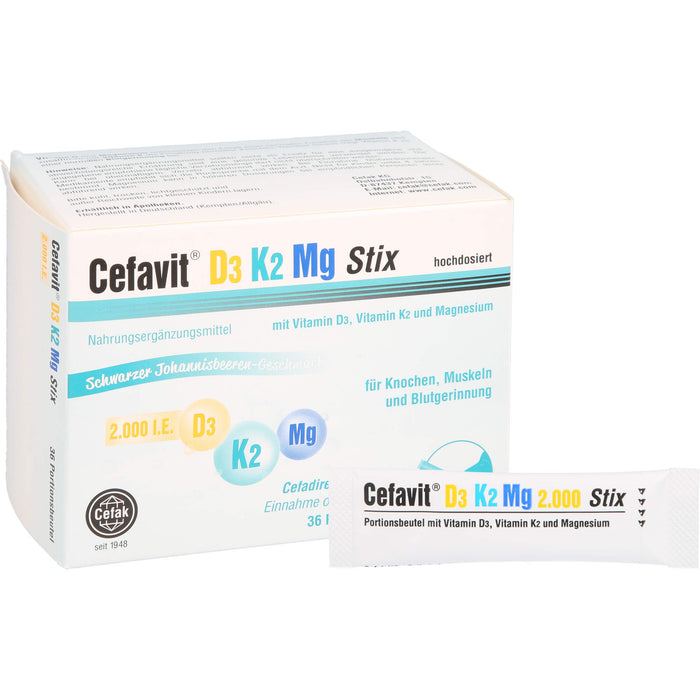 Cefavit D3 K2 Mg 2000 I.E. Stix für Knochen und Muskeln mit schwarzem Johannisbeeren-Geschmack, 36 St. Beutel
