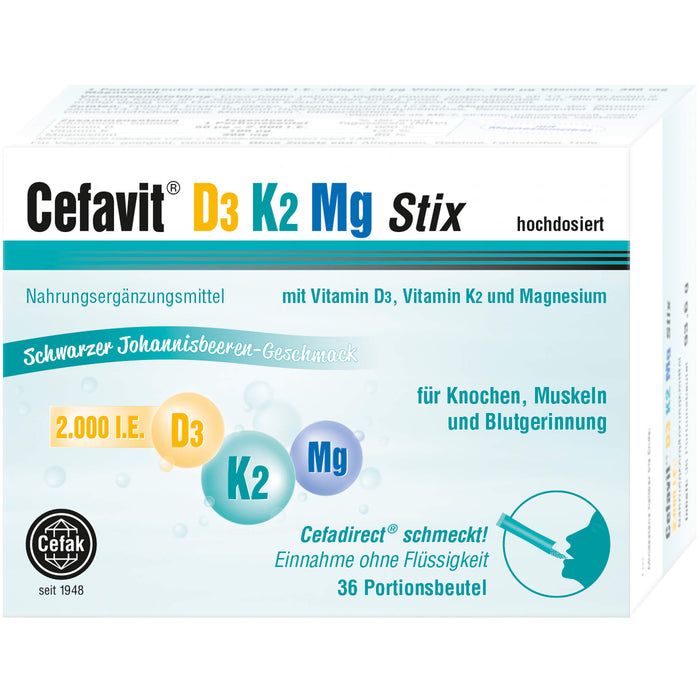 Cefavit D3 K2 Mg 2000 I.E. Stix für Knochen und Muskeln mit schwarzem Johannisbeeren-Geschmack, 36 St. Beutel