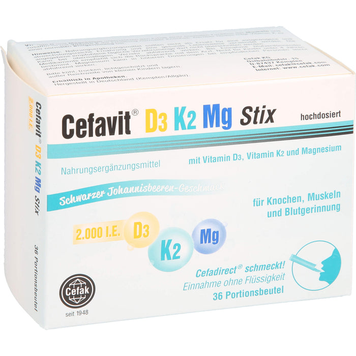 Cefavit D3 K2 Mg 2000 I.E. Stix für Knochen und Muskeln mit schwarzem Johannisbeeren-Geschmack, 36 St. Beutel