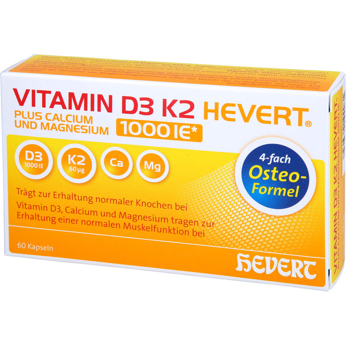 Vitamin D3 K2 Hevert plus Calcium und Magnesium 1000 IE Kapseln, 60 St. Kapseln