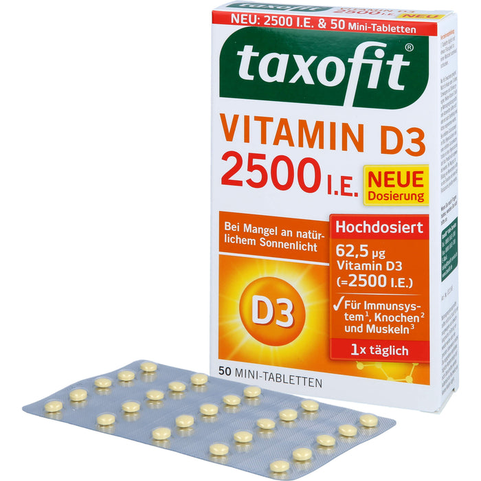Taxofit Vitamin D3 2500 I.E. Mini-Tabletten für Abwehrkräfte und Immunsystem, 50 St. Tabletten