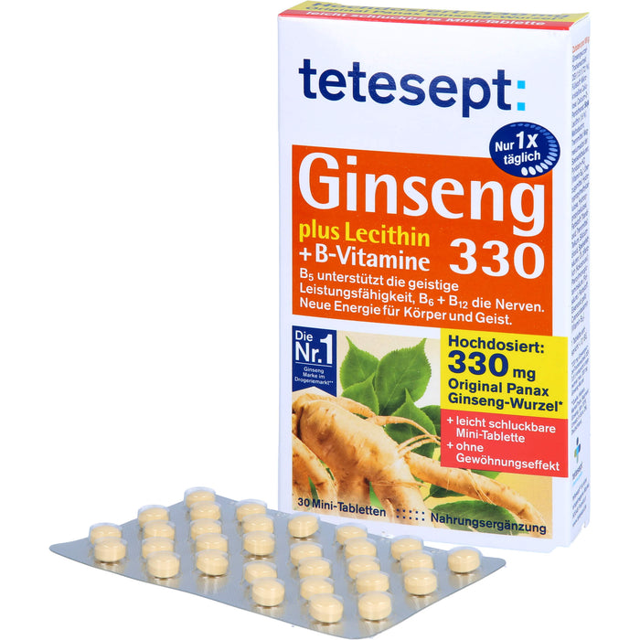 Tetesept Ginseng 330 plus Lecithin + B-Vitamine Mini-Tabletten unterstützt die geistige Leistungsfähigkeit, 30 St. Tabletten