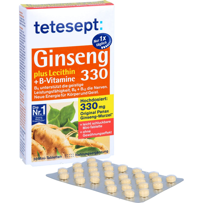 Tetesept Ginseng 330 plus Lecithin + B-Vitamine Mini-Tabletten unterstützt die geistige Leistungsfähigkeit, 30 St. Tabletten