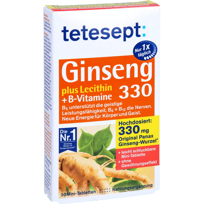 Tetesept Ginseng 330 plus Lecithin + B-Vitamine Mini-Tabletten unterstützt die geistige Leistungsfähigkeit, 30 St. Tabletten
