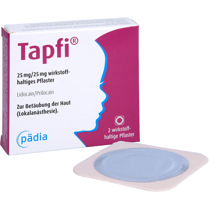 Tapfi 25 mg / 25 mg Lidocain / Prilocain wirkstoffhaltiges Pflaster zur präventiven Schmerzreduktion, 2 St. Pflaster