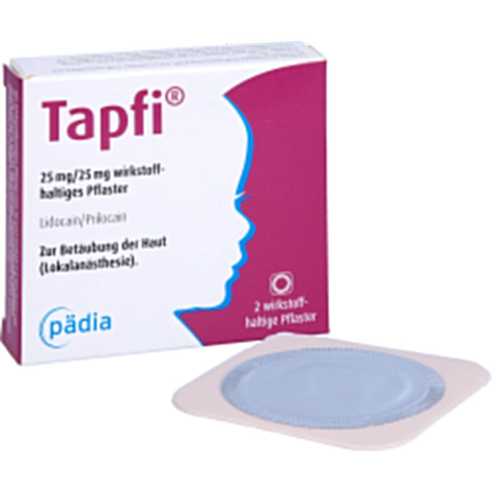 Tapfi 25 mg / 25 mg Lidocain / Prilocain wirkstoffhaltiges Pflaster zur präventiven Schmerzreduktion, 2 St. Pflaster