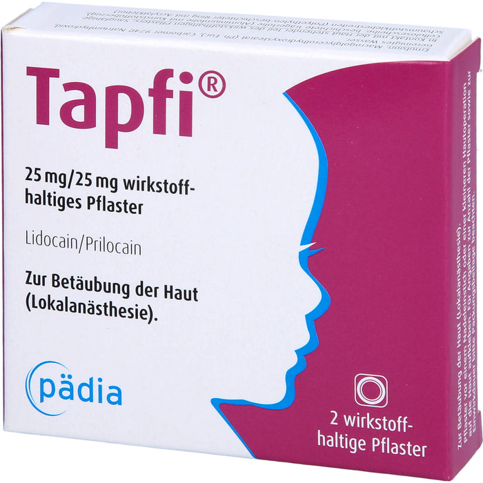 Tapfi 25 mg / 25 mg Lidocain / Prilocain wirkstoffhaltiges Pflaster zur präventiven Schmerzreduktion, 2 St. Pflaster