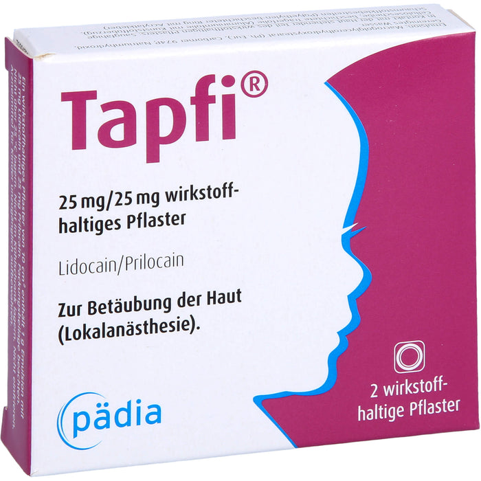 Tapfi 25 mg / 25 mg Lidocain / Prilocain wirkstoffhaltiges Pflaster zur präventiven Schmerzreduktion, 2 St. Pflaster