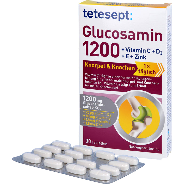 Tetesept Glucosamin 1200 Tabletten für Knorpel und Knochen mit Vitamin C, D, E und Zink, 30 St. Tabletten