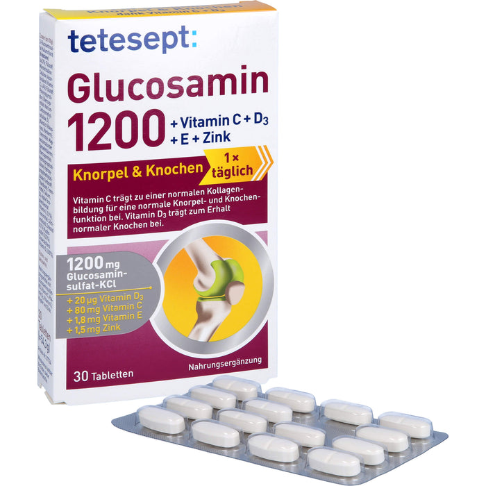 Tetesept Glucosamin 1200 Tabletten für Knorpel und Knochen mit Vitamin C, D, E und Zink, 30 St. Tabletten