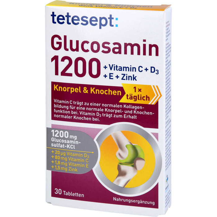 Tetesept Glucosamin 1200 Tabletten für Knorpel und Knochen mit Vitamin C, D, E und Zink, 30 St. Tabletten