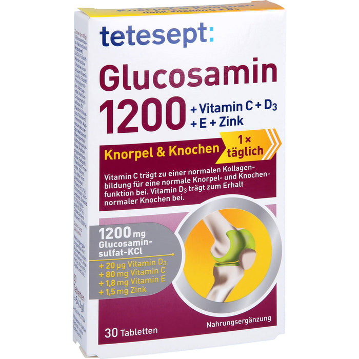Tetesept Glucosamin 1200 Tabletten für Knorpel und Knochen mit Vitamin C, D, E und Zink, 30 St. Tabletten