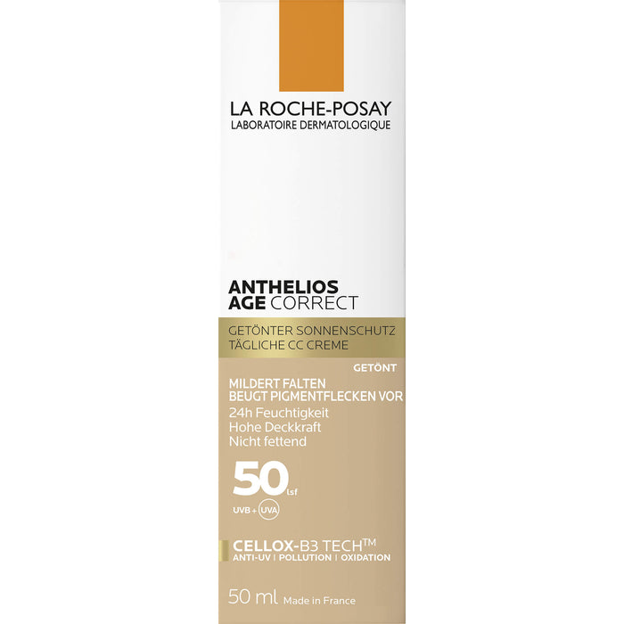La Roche-Posay Anthelios Age Correct getönte Creme LSF 50 mildert Falten und beugt Pigmentflecken vor, 50 ml Creme