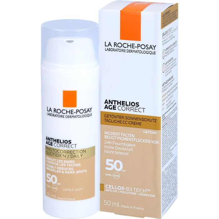 La Roche-Posay Anthelios Age Correct getönte Creme LSF 50 mildert Falten und beugt Pigmentflecken vor, 50 ml Creme