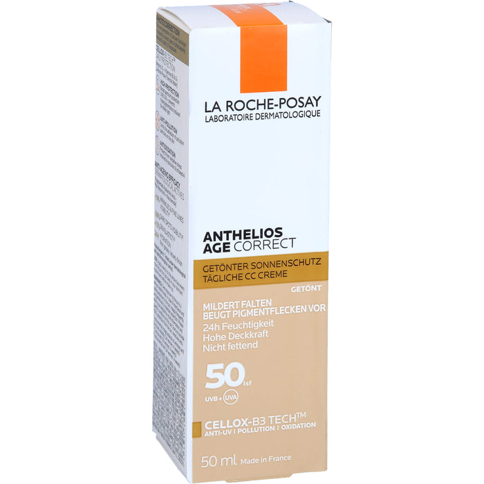 La Roche-Posay Anthelios Age Correct getönte Creme LSF 50 mildert Falten und beugt Pigmentflecken vor, 50 ml Creme
