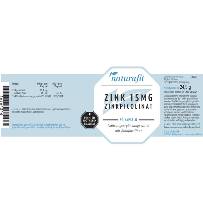 naturafit Zink 15 mg Zinkpicolinat, 90 St. Kapseln