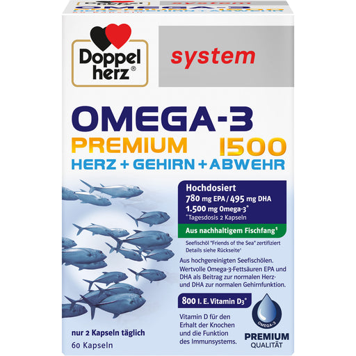 Doppelherz system Omega-3 Premium 1500 Kapseln Herz + Gehirn + Abwehr, 60 St. Kapseln