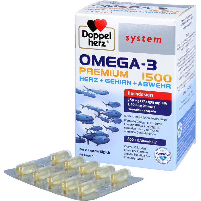 Doppelherz system Omega-3 Premium 1500 Kapseln Herz + Gehirn + Abwehr, 60 St. Kapseln