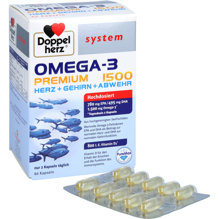 Doppelherz system Omega-3 Premium 1500 Kapseln Herz + Gehirn + Abwehr, 60 St. Kapseln