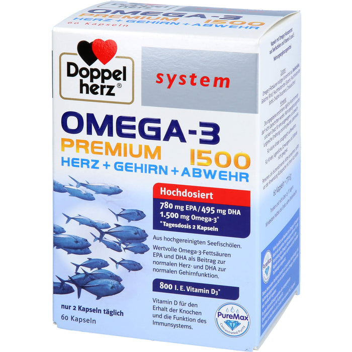 Doppelherz system Omega-3 Premium 1500 Kapseln Herz + Gehirn + Abwehr, 60 St. Kapseln